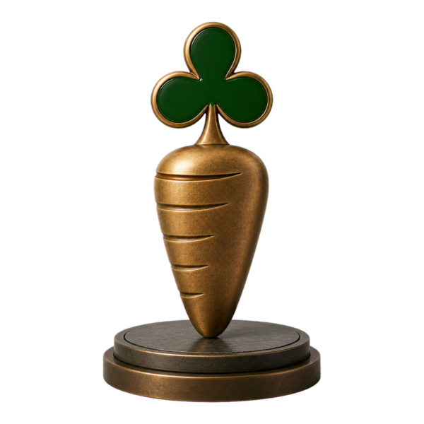 Cast bronze Carrot Corner sculpture with a green club-shaped leaf on a two-level plinth