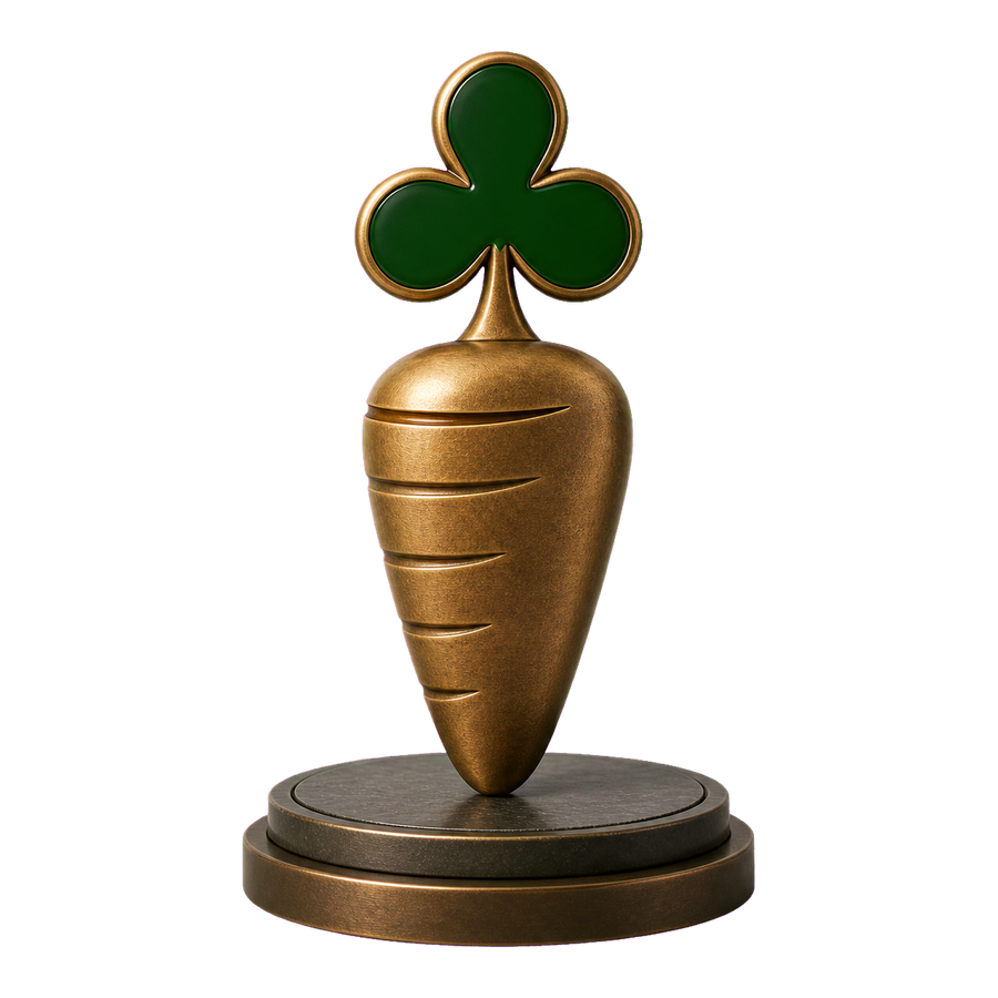 Cast bronze Carrot Corner sculpture with a green club-shaped leaf on a two-level plinth