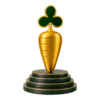 Rich golden Carrot Corner sculpture with a green club-shaped leaf on a four-level plinth