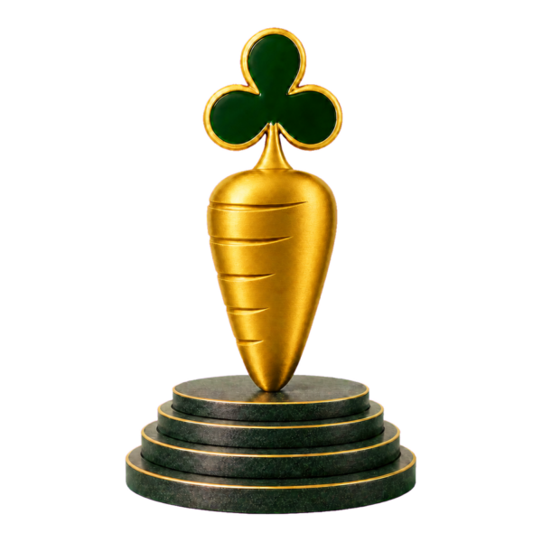 Rich golden Carrot Corner sculpture with a green club-shaped leaf on a four-level plinth