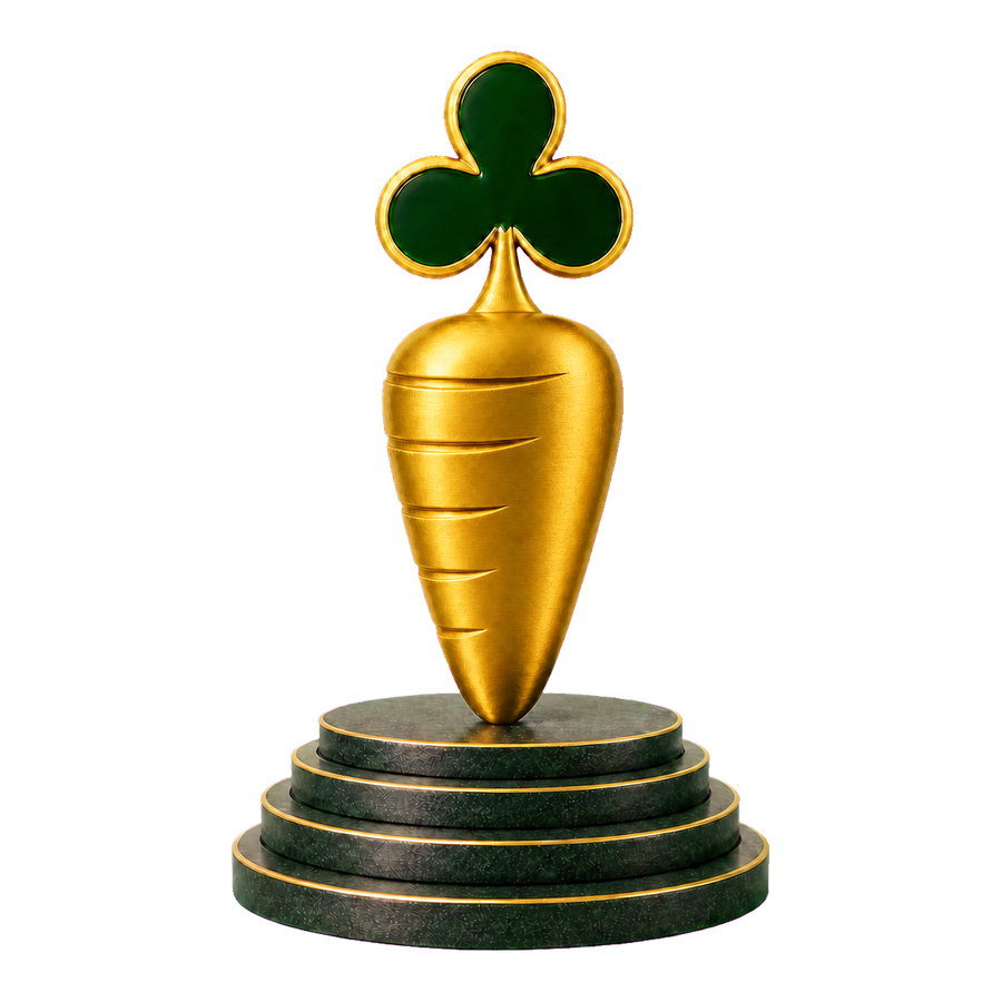 Rich golden Carrot Corner sculpture with a green club-shaped leaf on a four-level plinth
