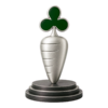 Brushed silver Carrot Corner sculpture with a green club-shaped leaf on a three-level plinth