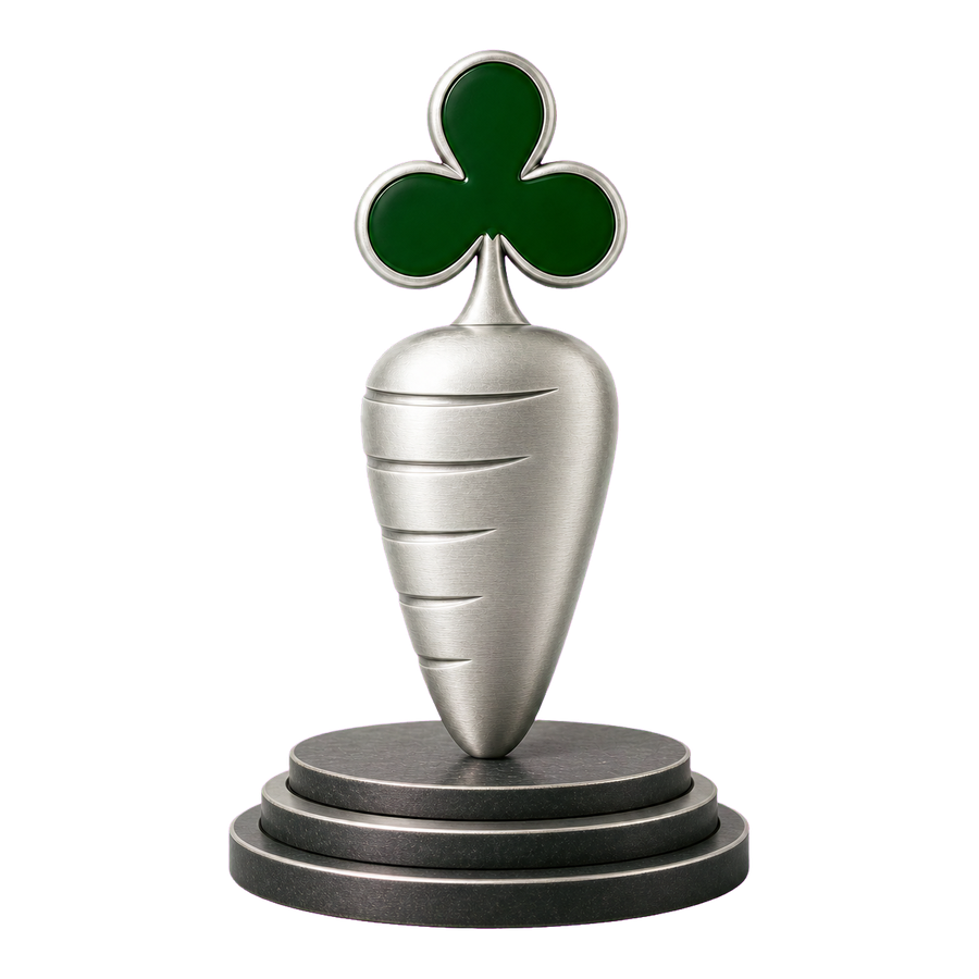 Brushed silver Carrot Corner sculpture with a green club-shaped leaf on a three-level plinth